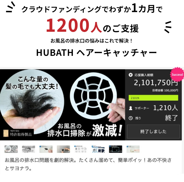 hubath ヘアーキャッチャーはクラウドファンディングでわずか1カ月で1200人もご支援をいただきました。